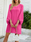 Momentlover Solid Color Ruffled Puff Sleeves Loose V-Neck Mini Dresses