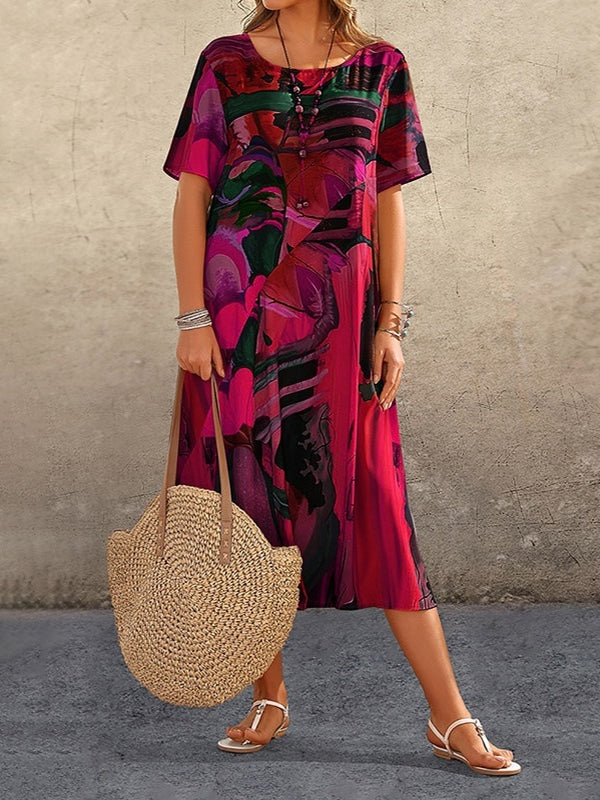 Momentlover Printed Short Sleeves Loose Round-Neck Midi Dresses