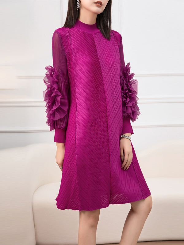 Momentlover Solid Color Pleated Embroidered Loose Long Sleeves Round-neck Midi Dresses