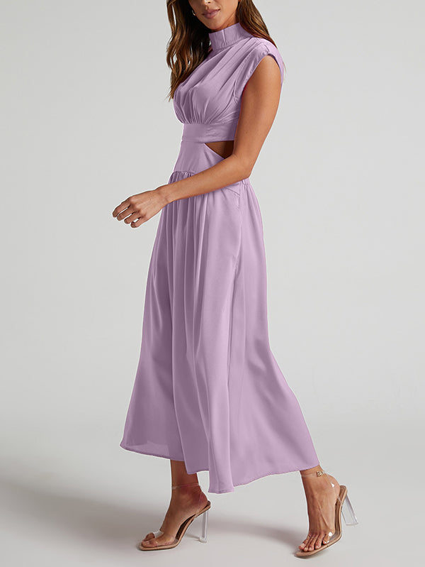 Momentlover Solid Color Pleated Belly-Hollow Cap Sleeve Stand Collar Maxi Dresses