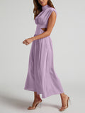 Momentlover Solid Color Pleated Belly-Hollow Cap Sleeve Stand Collar Maxi Dresses