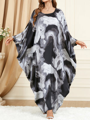 Momentlover Printed Contrast Color Loose Long Sleeves Round-Neck Maxi Dresses