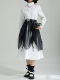 Momentlover Split-Joint Gauze Belted Long Sleeves Stand Collar Shirt Dress Midi Dresses