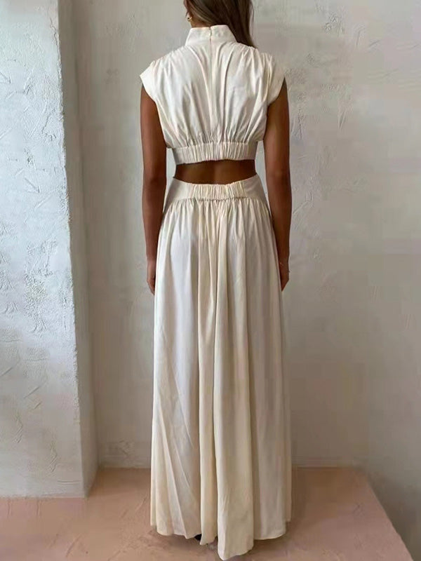 Momentlover Vacation Loose Sleeveless Hollow Solid Color Stand Collar Maxi Dresses