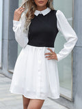 Momentlover Split-Joint Hollow Buttoned Long Sleeves High Waisted Lapel Mini Dresses