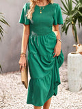 Momentlover Solid Color Elastics Short Sleeves Loose Round-neck Midi Dresses