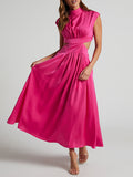 Momentlover Solid Color Pleated Belly-Hollow Cap Sleeve Stand Collar Maxi Dresses