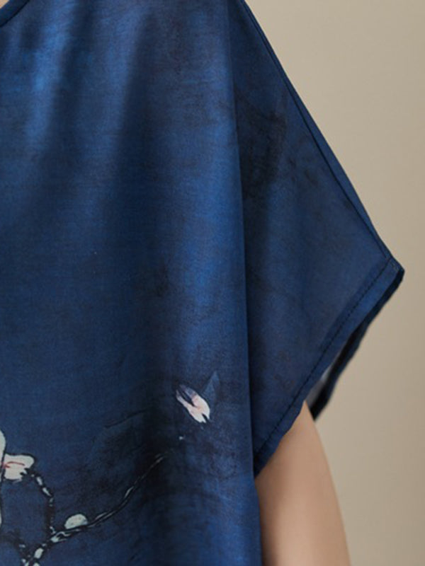 Momentlover Printed Short Sleeves Loose Round-neck Maxi Dresses