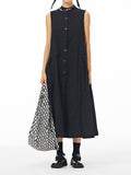 Momentlover Solid Color Pleated Sleeveless Loose Stand Collar Shirt Dress Midi Dresses