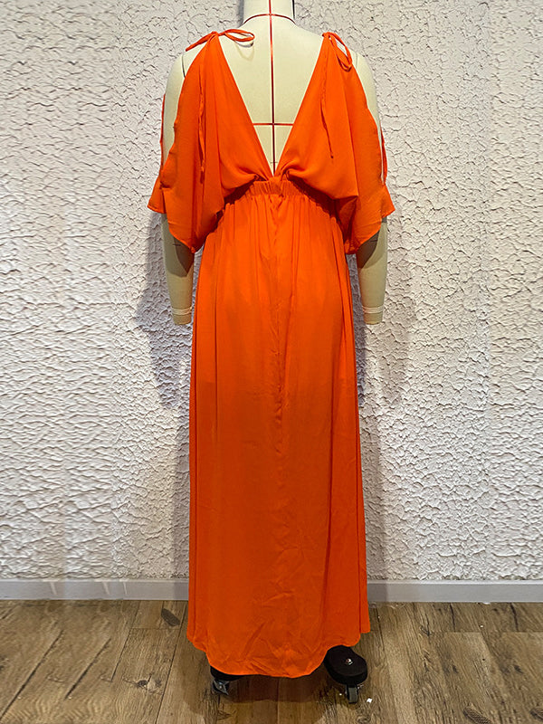 Momentlover Split-front Solid Color Loose Batwing Sleeves Deep V-Neck Maxi Dresses