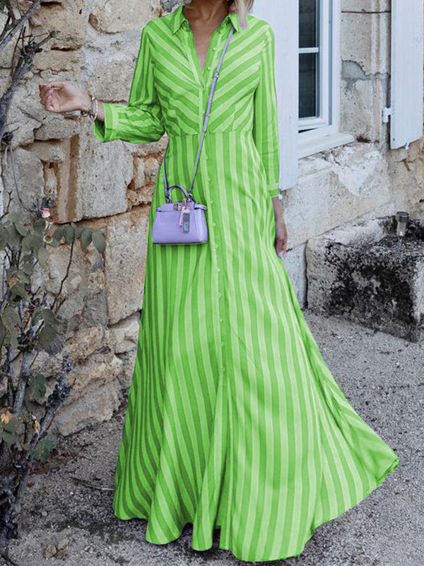Momentlover Stylish Long Sleeves Striped Lapel Collar Maxi Dresses