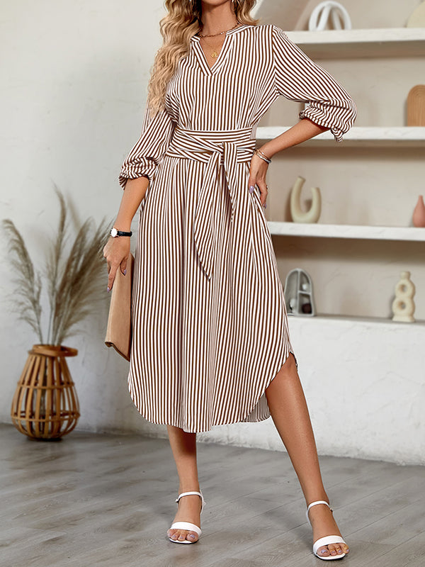 Momentlover Tied Waist Striped Puff Sleeves Loose V-Neck Shirt Dress Midi Dresses