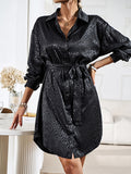 Momentlover Tied Waist Leopard Buttoned Loose Long Sleeves Lapel Shirt Dress Mini Dresses