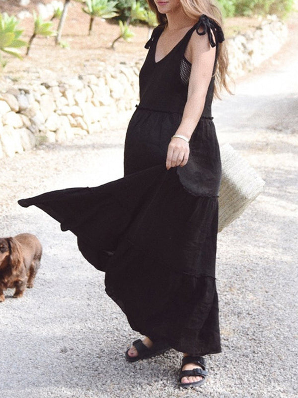 Momentlover Solid Color Sleeveless Loose V-Neck Midi Dresses