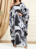 Momentlover Printed Contrast Color Loose Long Sleeves Round-Neck Maxi Dresses