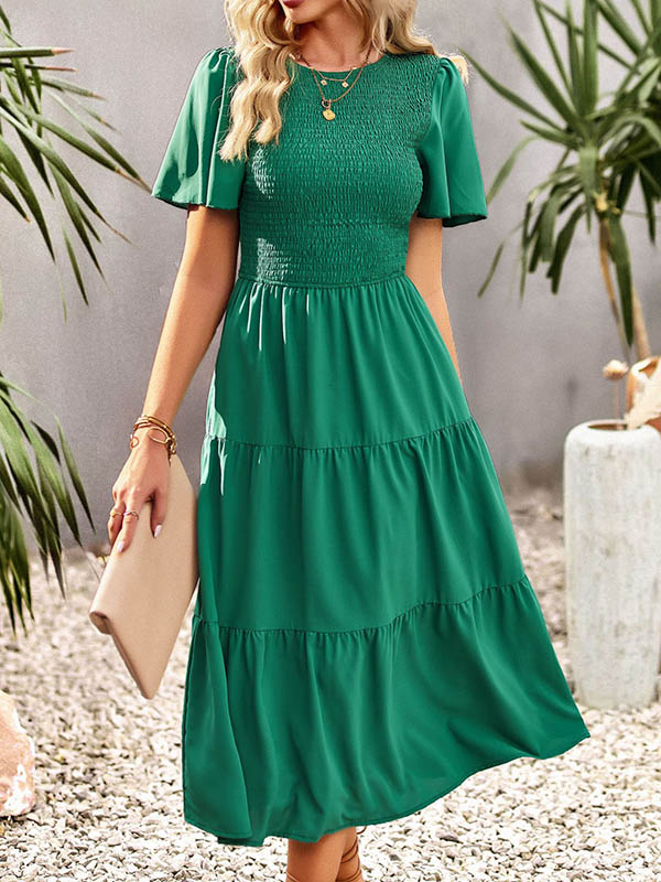 Momentlover Solid Color Elastics Short Sleeves Loose Round-neck Midi Dresses
