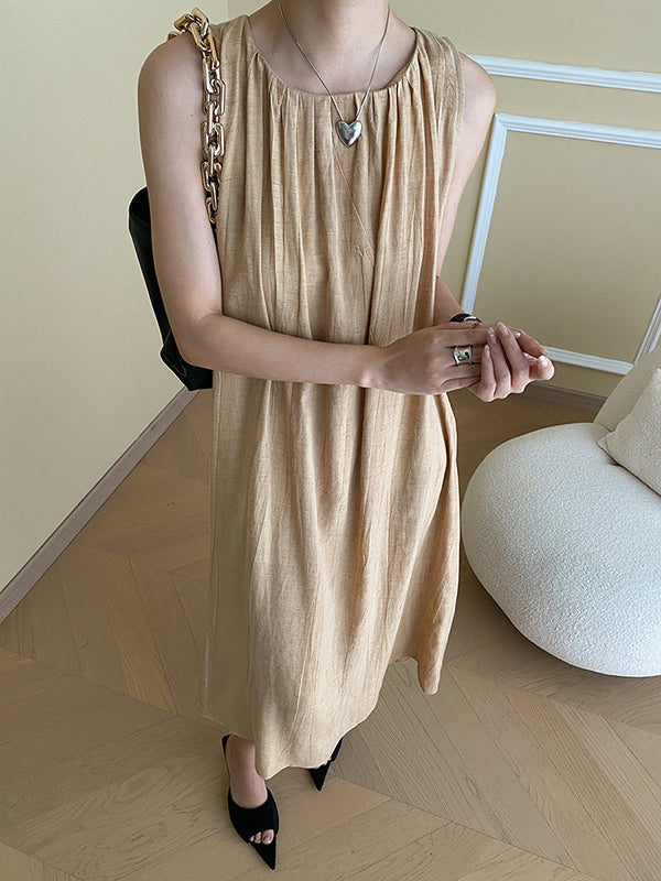 Momentlover Solid Color Pleated Sleeveless Loose Round-Neck Midi Dresses