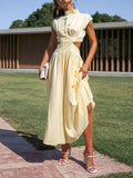 Momentlover Solid Color Pleated Belly-Hollow Cap Sleeve Stand Collar Maxi Dresses