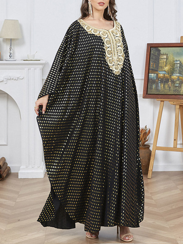 Momentlover Split-Side Split-Joint Bronzing Loose Long Sleeves V-Neck Robes Maxi Dresses