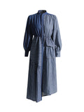 Momentlover Tied Waist Striped Split-Joint Contrast Color Buttoned Asymmetric Loose Long Sleeves Mock Neck Midi Dresses