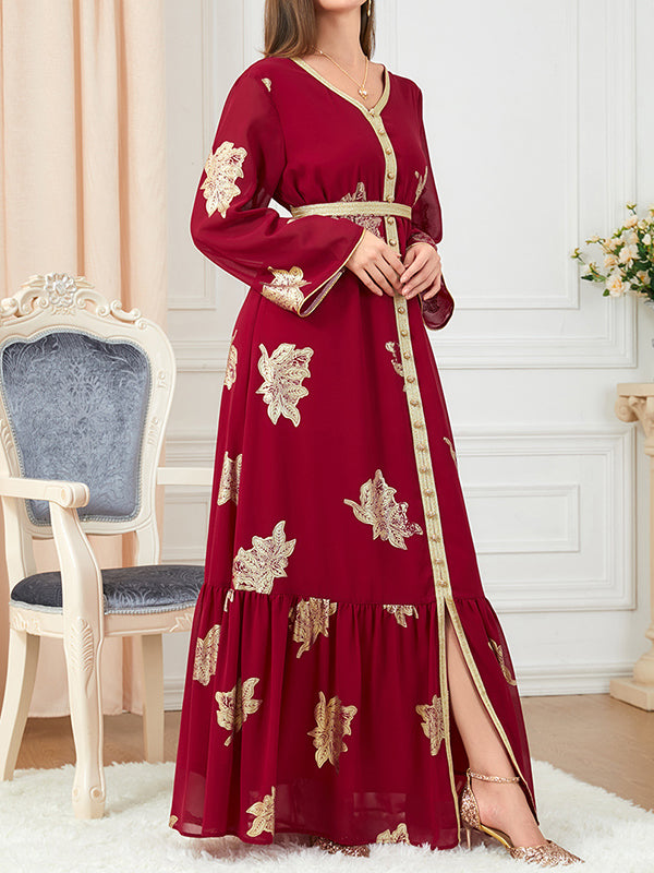 Momentlover Tied Waist Split-Joint Split-Front Printed Pleated Loose Long Sleeves V-Neck Maxi Dresses