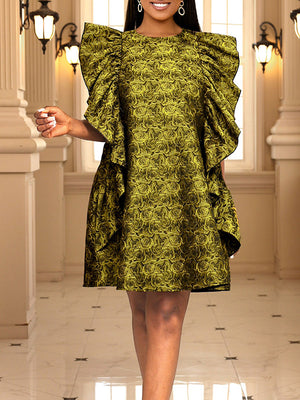 Momentlover Zipper Ruffled Flower Print Sleeveless Plus Size Round-Neck Mini Dresses