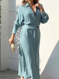 Momentlover Solid Color Long Sleeves Lapel Collar Maxi Dresses