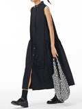 Momentlover Solid Color Pleated Sleeveless Loose Stand Collar Shirt Dress Midi Dresses