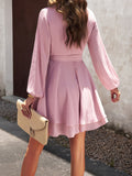 Momentlover Tied Waist Solid Color Ruffled Puff Sleeves Loose V-Neck Mini Dresses