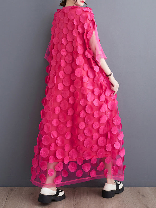 Momentlover Split-Joint Gauze Asymmetric Short Sleeves Loose Round-Neck Midi Dresses