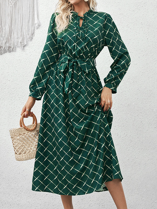 Momentlover Tied Waist Split-Joint Pleated Lace-Up Puff Sleeves Loose Stand Collar Midi Dresses