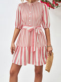 Momentlover Striped Buttoned Loose Half Sleeves Stand Collar Mini Dresses