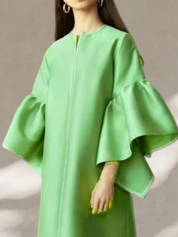 Momentlover Solid Color Falbala Wrap Flared Sleeves Round-Neck Midi Dresses