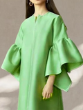 Momentlover Solid Color Falbala Wrap Flared Sleeves Round-Neck Midi Dresses