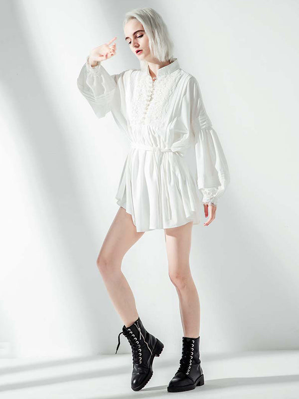 Momentlover Vacation Long Sleeves Puff Sleeves Embroidered Solid Color Stand Collar Mini Dresses