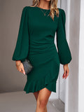 Momentlover Split-Joint Solid Color Pleated Puff Sleeves Loose Round-Neck Mini Dresses