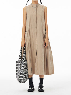 Momentlover Solid Color Pleated Sleeveless Loose Stand Collar Shirt Dress Midi Dresses