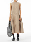Momentlover Solid Color Pleated Sleeveless Loose Stand Collar Shirt Dress Midi Dresses