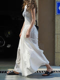 Momentlover Split-Joint Solid Color Pleated Sleeveless Loose Round-Neck Maxi Dresses