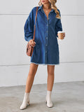 Momentlover Split-Joint Pockets Pleated Fringed Buttoned Loose Long Sleeves Lapel Mini Dresses