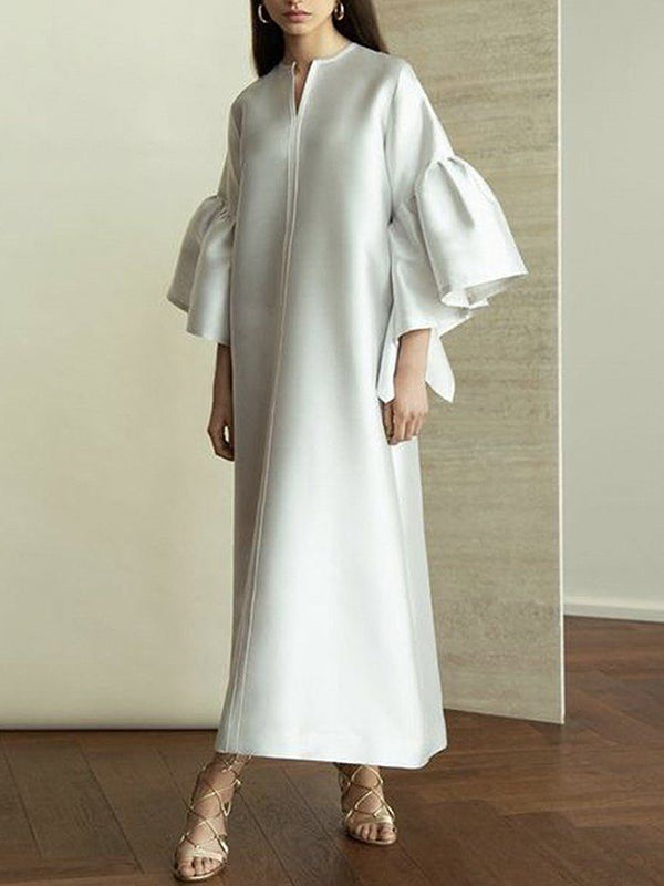 Momentlover Solid Color Falbala Wrap Flared Sleeves Round-Neck Midi Dresses