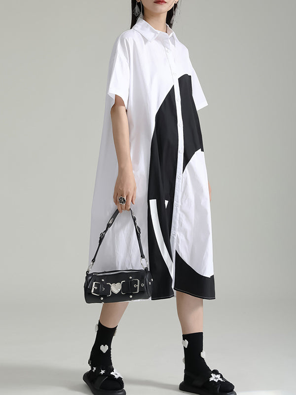 Momentlover Split-Joint Contrast Color Asymmetric Short Sleeves Loose Lapel Shirt Dress Midi Dresses