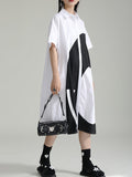 Momentlover Split-Joint Contrast Color Asymmetric Short Sleeves Loose Lapel Shirt Dress Midi Dresses