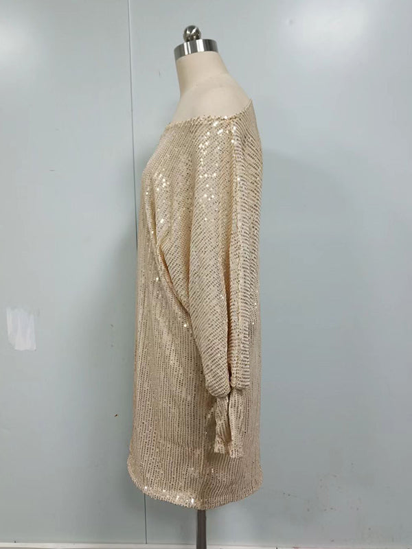 Momentlover Solid Color Sequined Asymmetric Three-Quarter Sleeves Puff Sleeves One-Shoulder Mini Dresses