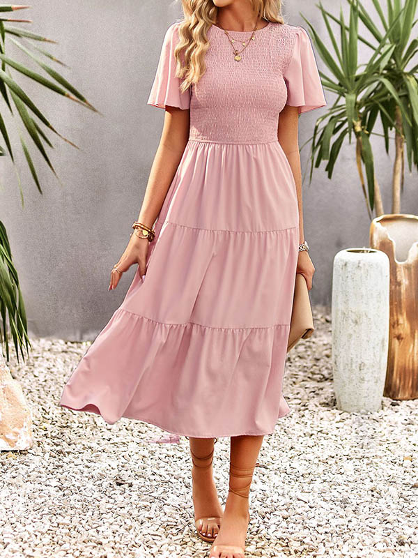 Momentlover Solid Color Elastics Short Sleeves Loose Round-neck Midi Dresses