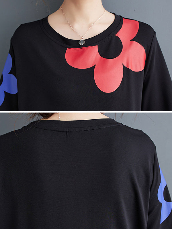 Momentlover Split-Joint Floral Printed Short Sleeves Loose Round-neck Midi Dresses