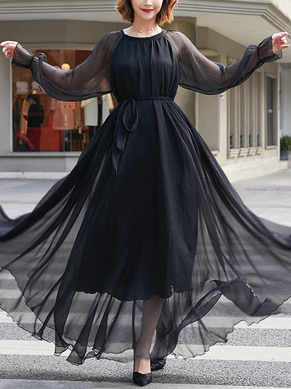 Momentlover Tied Waist Solid Color Pleated Gauze Falbala Loose Long Sleeves Round-Neck Maxi Dresses