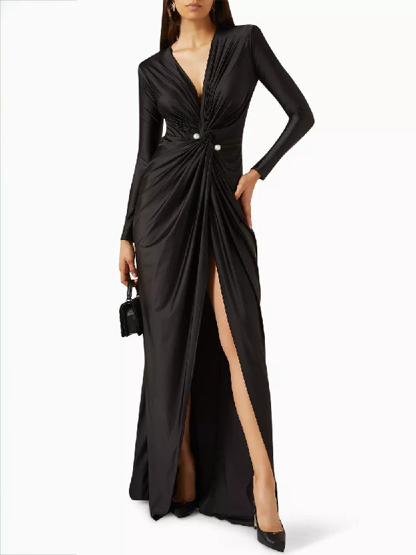 Momentlover Solid Color Bodycon Long Sleeves Pleated  Split-Front Tied Waist Deep V-Neck Maxi Dresses