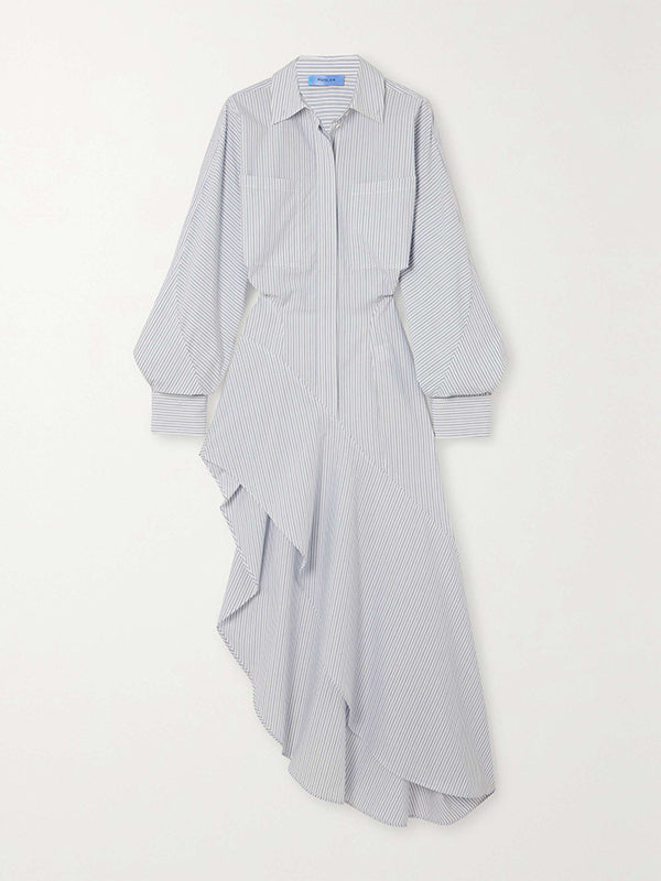 Momentlover Striped Asymmetric Long Sleeves Lapel Collar Midi Dresses