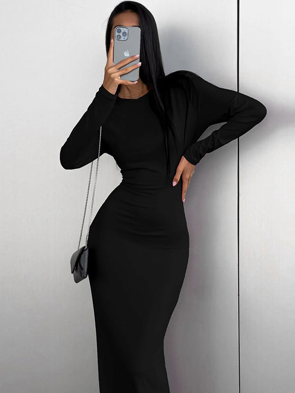 Momentlover Split-Side Solid Color Long Sleeves Bodycon Round-Neck Maxi Dresses